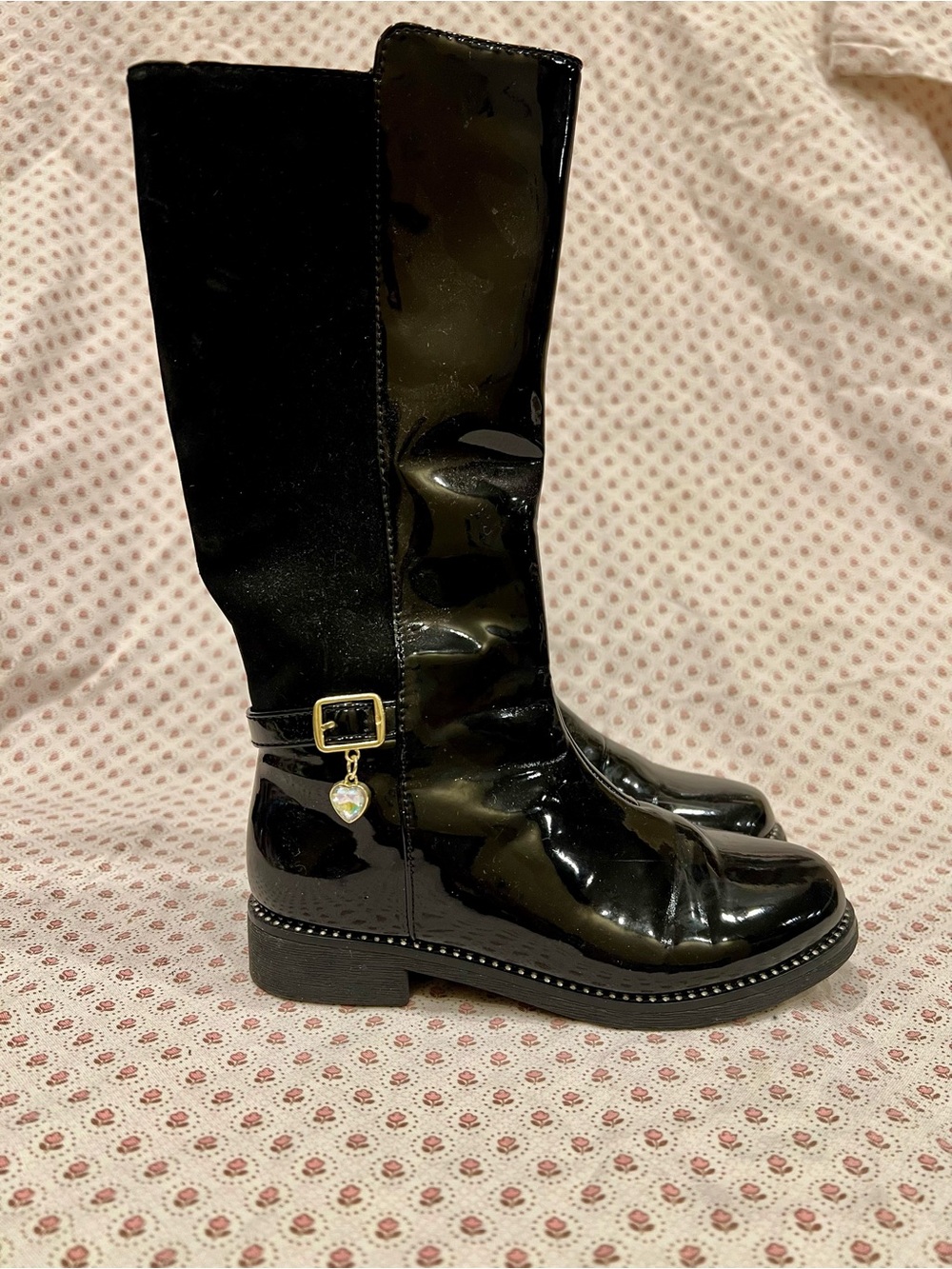 Place Black Patent Knee-High Girls Boots with Gold Accent. Size 11